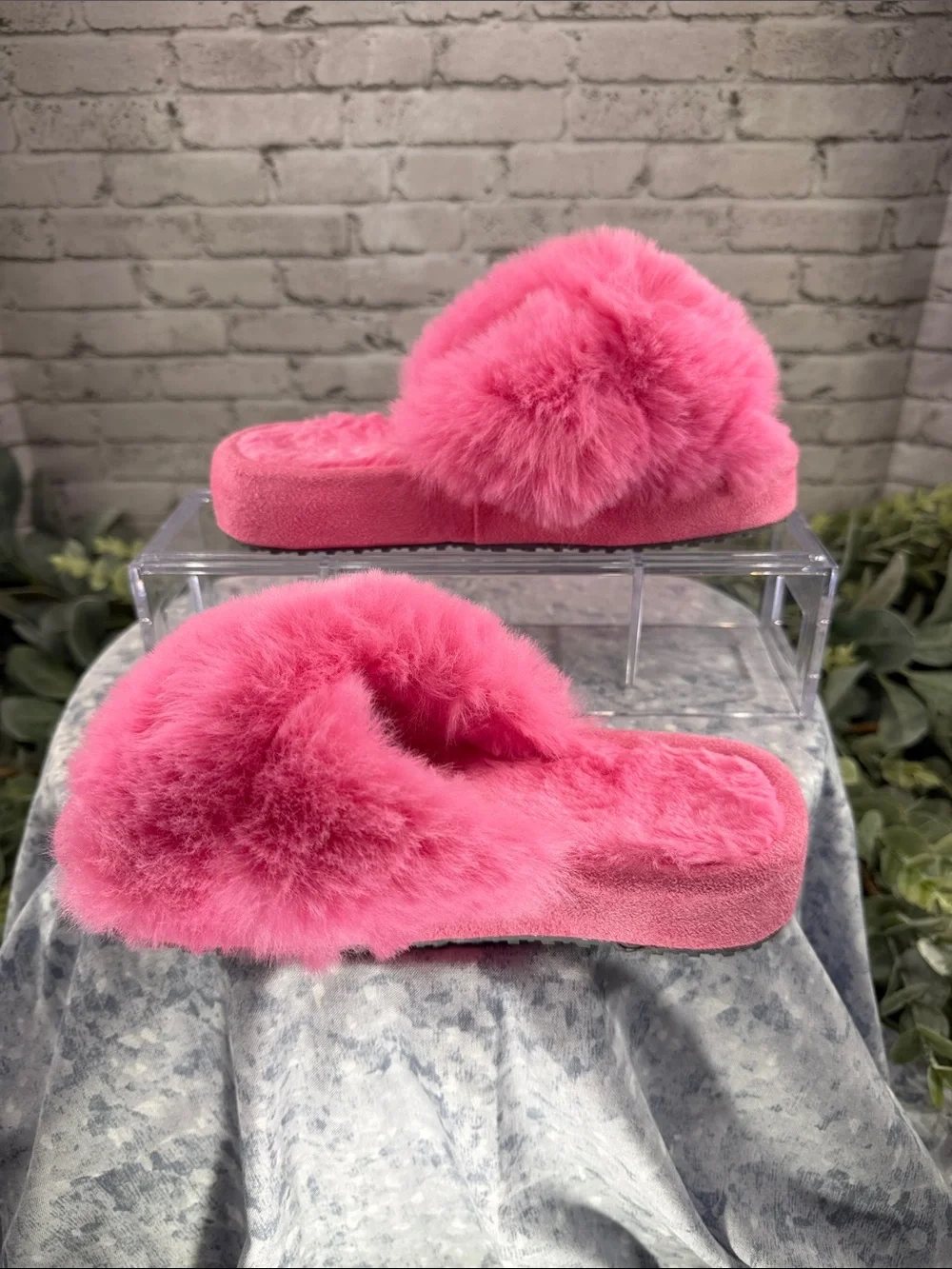 Breezy Stride Pink Fluffy Open Toe Cross-band Cozy Platform Slippers Girls 3M